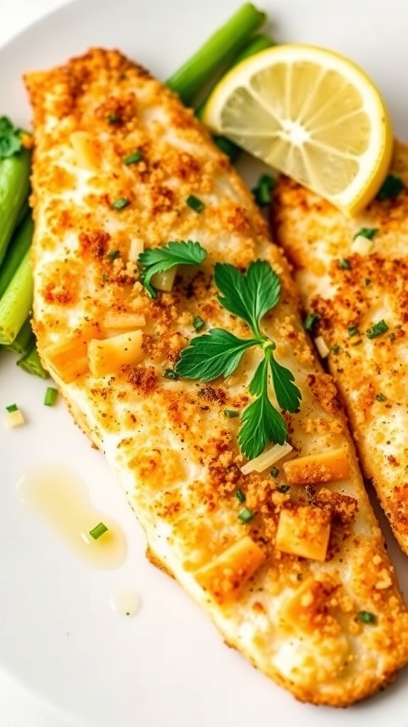 Parmesan-crusted fish fillets garnished with parsley and lemon, served on a white plate with vegetables.